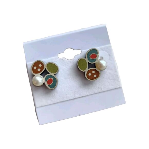 Susan Kinzig Design Four Clover Earrings Blue Clay & Pearl Post Back 925 Silver - Picture 1 of 11